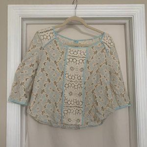 EVERYTHING MUST GO SALE: Lush Cream + Blue Floral Lace Blouse 3/4 Top Size M